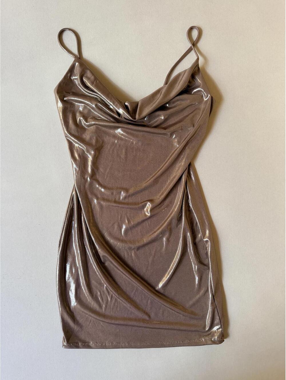 Windsor Shiny Mocha/Gold Mini Dress with Spaghetti Straps